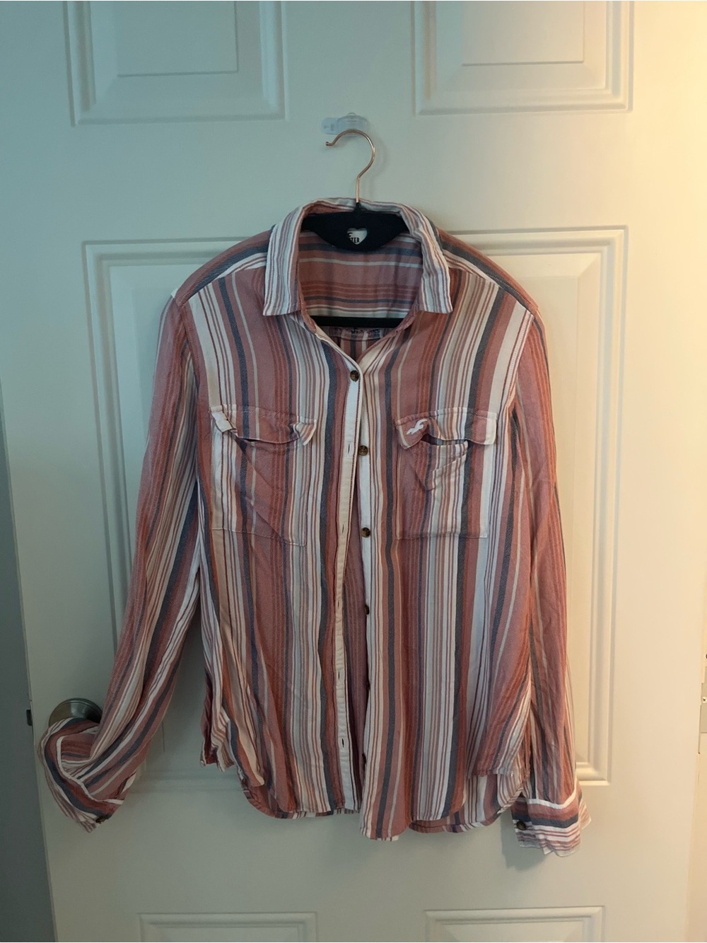 Hollister Striped Button-Up Shirt in Pink and White